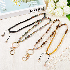 Natural African Bloodstone & Natural Tiger Eye & Glass Retractable Badge Reel with Chains&nbsp;HJEW-SC00158