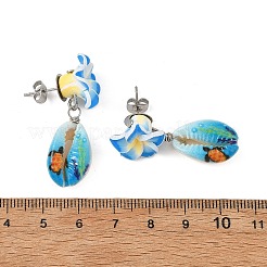 Handmade Polymer Clay 3D Flower Plumeria & Flower Word Printed Cowrie Shell Dangle Stud Earrings for Women&nbsp;EJEW-JE07483
