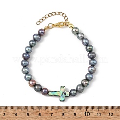 Dyed Natural Cultured Freshwater Pearl Round Beaded Bracelets with Religion Cross Natural Paua Shell for Women&nbsp;BJEW-JB14274
