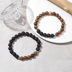 Natural Lava Rock & Wooden Round Beaded Stretch Bracelet&nbsp;BJEW-JB10075