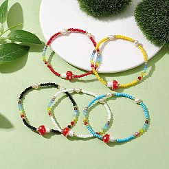 Glass Seed & Plastic Mushroom Beaded Stretch Bracelet for Women&nbsp;BJEW-JB10185