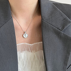 Flat Round with Rose 925 Sterling Silver White Enamel Pendant Necklaces for Women&nbsp;FS-WG4AE28-01