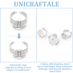 3Pcs 3 Styles 304 Stainless Steel Open Cuff Finger Ring Cabochon Settings&nbsp;STAS-UN0059-66P