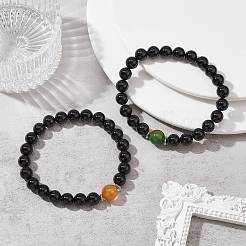 Natural Dyed Peacock Agate & Black Onyx Round Beaded Stretch Bracelets&nbsp;BJEW-TA00408