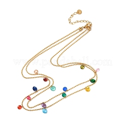 304 Stainless Steel Ball Chain Colorful Cubic Zirconia Flat Round Tassel Double Layer Necklaces for Women&nbsp;NJEW-A051-05G