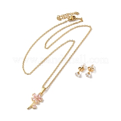 Cubic Zirconia Flower of Life Pendant Necklace & Diamond Stud Earrings&nbsp;SJEW-M099-01G