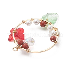 Faceted Round Natural Mixed Stone & Glass Butterfly & Plastic Flower Pendants&nbsp;PALLOY-JF05043