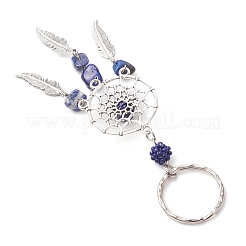 Woven Net/Web with Feather Alloy & Natural Lapis Lazuli & Glass Seed Keychains&nbsp;KEYC-MZ00041-03