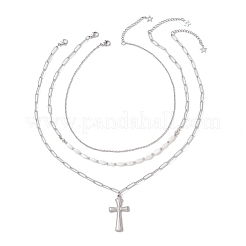 304 Stainless Steel Cross Pendant Dyed Natural Shell Oval Beaded 3 Layer Necklaces for Women&nbsp;NJEW-JN05481