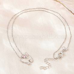 Alloy Pave Pink Cubic Zirconia Enamel White Cat Shape wtih Bowknot Pendant Necklaces for Women&nbsp;CU-E001-01P