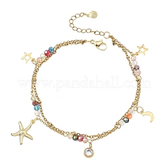 Ocean Faceted Rondelle Electroplate Glass 2-Strand 304 Stainless Steel Sea Animals Charm Anklets for Women&nbsp;AJEW-AN00793