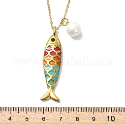 Natural Edison Pearl 304 Stainless Steel Enamel Colorful Fish Pendant Cable Chain Necklaces for Women&nbsp;NJEW-JN06126