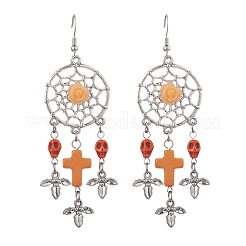 4 Pairs 4 Colors Woven Web/Net with Cross & Skull Synthetic Turquoise Dangle Earrings&nbsp;EJEW-JE05865