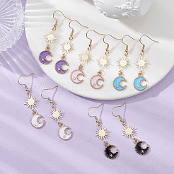 Alloy Enamel Moon & Brass Star Dangle Earrings&nbsp;EJEW-JE05403