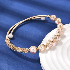 Brass Wire Wrapped Natural  Pearl Cuff Bangles for Women&nbsp;BJEW-D453-05G