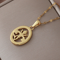 Vintage 304 Stainless Steel Crystal Rhinestone Oval with Fleur De Lis Pendant Necklaces for Women&nbsp;SP1744
