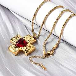 Cross with Heart 304 Stainless Steel Cubic Zirconia Pendant Necklaces&nbsp;NJEW-H070-01G-01