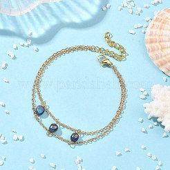 Brass Cable Chains & Rice Natural Cultured Freshwater Pearl Double Layers Bracelets for Women&nbsp;BJEW-JB14135-02