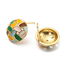 Real 18K Gold Plated Brass Flat Round Stud Earrings with Enamel&nbsp;KK-C026-12G