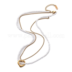 Ion Plating(IP) 304 Stainless Steel & Plastic Pearl Beaded Double Layer Necklaces&nbsp;NJEW-P320-25G