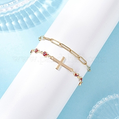 304 Stainless Steel Paperclip Chain & Handmade Lampwork Evil Eye Link Chain Double Layer Stackable Necklaces for Women&nbsp;BJEW-JB12451-02