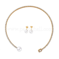 Round Plastic Imitation Pearl Stud Earrings & Rectangle Cubic Zirconia Rhinestone Cuff Choker Necklaces Sets&nbsp;SJEW-U003-06G