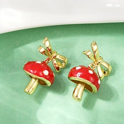 Mushroom with Bowknot Brass Enamel Dangle Stud Earrings&nbsp;EJEW-F895-25B-G
