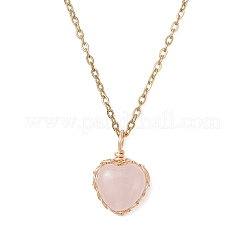 Natural Rose Quartz Copper Wire Wrapped Heart Pendant 304 Stainless Steel Cable Chain Necklaces&nbsp;NJEW-JN05779-01