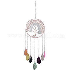 Brass Wire Wrapped Natural Rose Quartz & Quartz Crystal Chips Tree of Life Pendant Decorations&nbsp;HJEW-D302-04