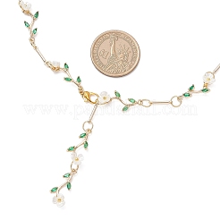 Brass Micro Pave Green Cubic Zirconia & Imitation Pearl Flower Branch Link Chain Necklaces for Women&nbsp;NJEW-JN05309