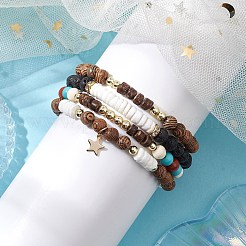 4Pcs 4 Styles Wood & Natural Lava Rock Round Beaded Stretch Bracelet Sets&nbsp;BJEW-JB10811