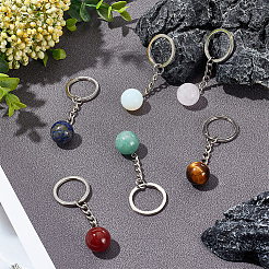 6Pcs 6 Styles Round Natural & Synthetic Gemstone Pendant Keychain&nbsp;KEYC-DR0001-02