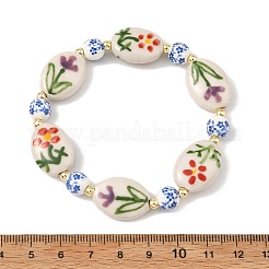 Handmade Printed Porcelain Floral Oval Beaded Stretch Bracelets&nbsp;BJEW-JB14181