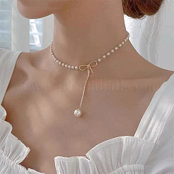 Alloy Bowknot Pendant Tassel Plastic Imitation Pearl Bead Chain Necklaces for Women&nbsp;FS-WGA15AC-01