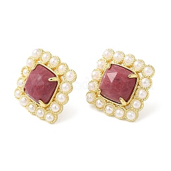 Ion Plating(IP) Natural Wood Lace Stone Square Stud Earrings with Plastic Pearl Beaded&nbsp;EJEW-E599-03G-02