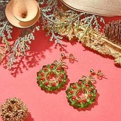 Glass Christmas Wreath Dangle Stud Earrings&nbsp;EJEW-TA00243