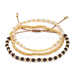 3Pcs 3 Styles Round Adjustable Natural Garnet & Brass Beads Braided Bead Bracelets&nbsp;SF2347-2