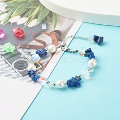 Natural Lapis Lazuli Chip Beaded Bracelet for Girl Women&nbsp;X1-BJEW-TA00019-04