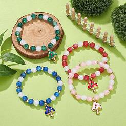 Resin Imiattion Cat Eye Beaded Stretch Bracelet with Mushroom Alloy Enamel Charms&nbsp;BJEW-JB09571