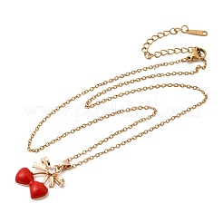 Brass Pave Clear Cubic Zirconia Enamel Bowknot Red Cherry Pendant 304 Stainless Steel Cable Chain Necklaces for Women&nbsp;NJEW-H092-03G
