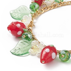 Plastic Imitation Pearl Flower & Acrylic Leaf & Lampwork Strawberry Charms Bracelet&nbsp;BJEW-TA00181