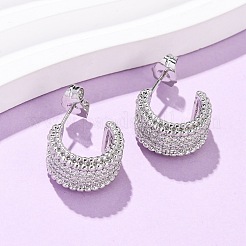 Brass Micro Pave Clear Cubic Zirconia C-Shaped Stud Earrings&nbsp;EJEW-B153-16P