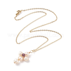 Natural Gemstone & Pearl Braided Cross Pendant Necklace&nbsp;NJEW-JN03920