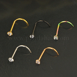 304 Stainless Steel Micro Pave Clear Cubic Zirconia Flat Round Fishtail Nose Rings&nbsp;WG924B3-02