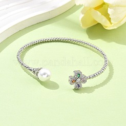 Heart Clover Brass Micro Pave Cubic Zirconia Cuff Bangles & Rings Sets for Women&nbsp;SJEW-R002-02P-01