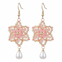 Dyed Natural Malaysia Jade & Glass Seed Beaded Flower with Teardrop Dangle Earrings&nbsp;EJEW-MZ00710-02