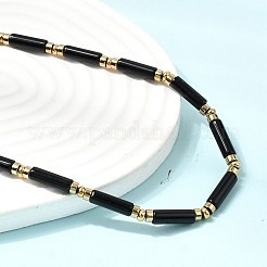 Natural Black Onyx(Dyed & Heated) & Synthetic Non-magnetic Hematite Column Beaded Necklaces with 304 Stainless Steel End Chains&nbsp;NJEW-K301-01A