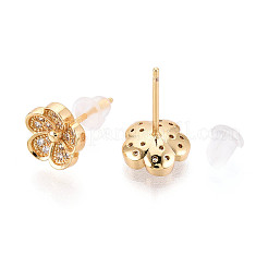 Brass Pave Clear Cubic Zirconia Flower Stud Earrings&nbsp;KK-T077-21G