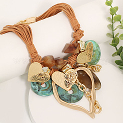 Bohemian Style Alloy Resin Disc Heart Pendant Multi-strand Waxed Cord Bib Necklaces for Women&nbsp;FS-WGB6778-01