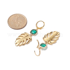 201 Stainless Steel Monstera Leaf Dangle Leverback Earrings with Green Glass&nbsp;EJEW-TA00191